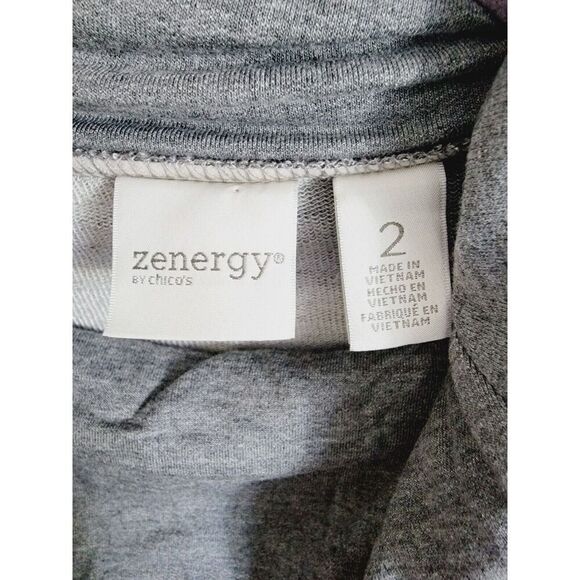 Chico's Zenergy 2 Gray Funnel Neck Top Size L Half Slv Embroidered Side‎ Slits - Picture 6 of 7